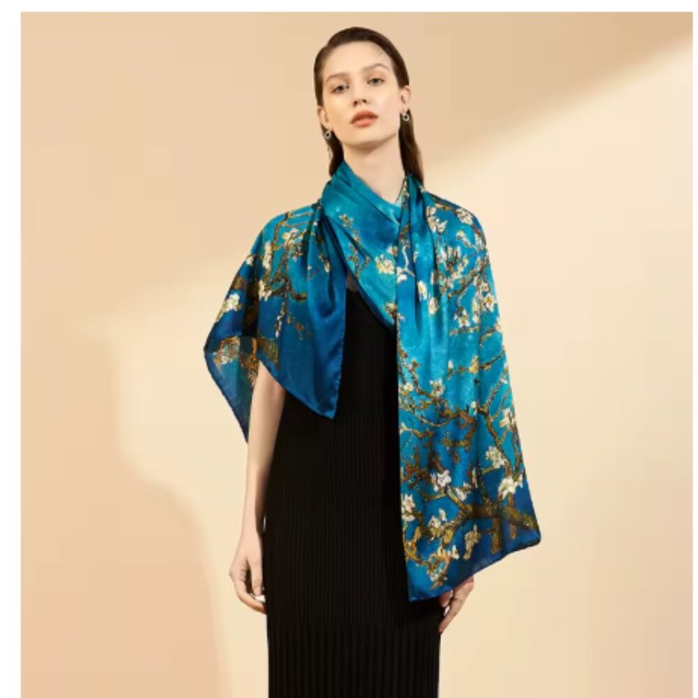 Van Gogh Cherry Blossom Silk Shawl Scarf 72x34 Artist Floral Wrap New - Picture 2 of 6